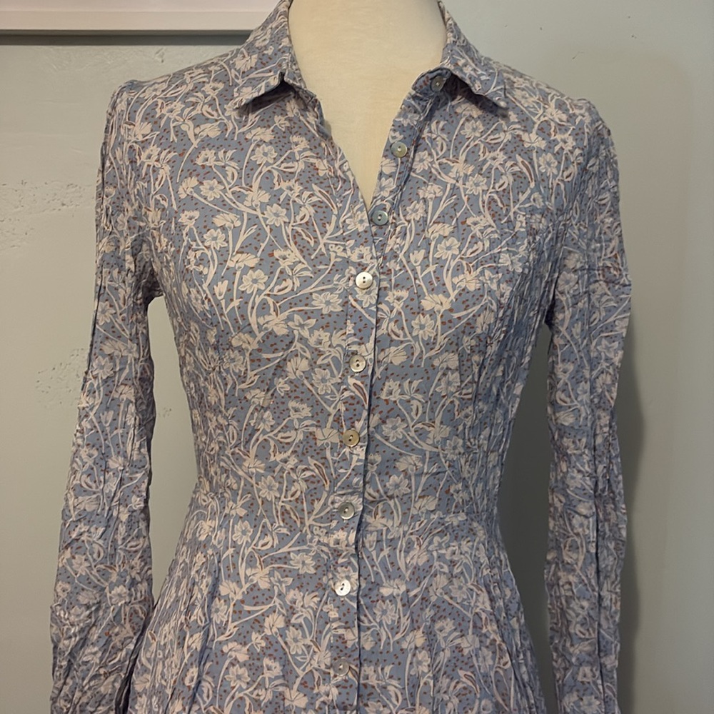 Floral Button-Up Dress in Blue and White